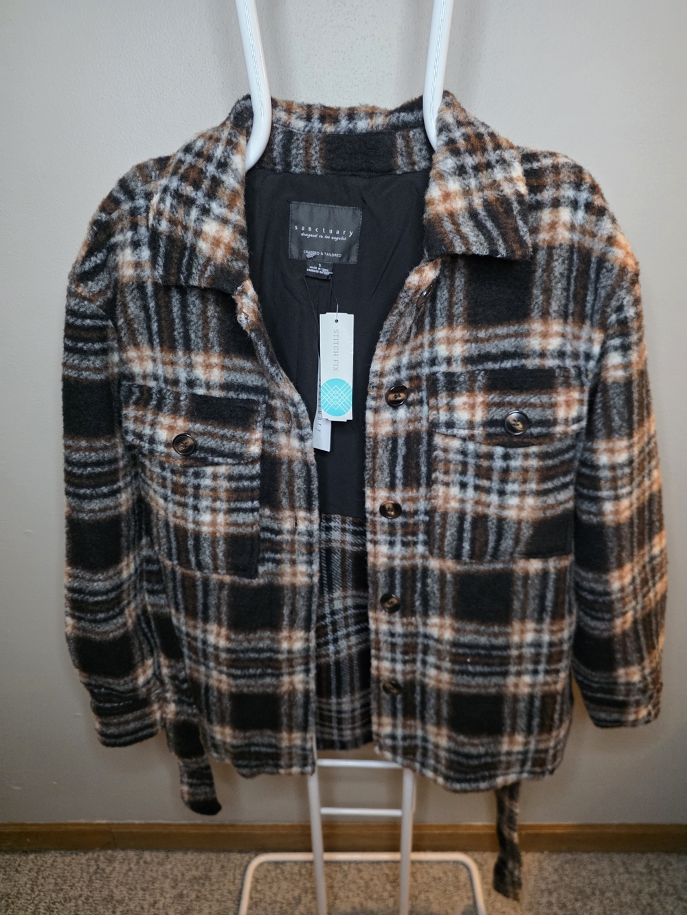 Sanctuary Black, Brown & Cream Plaid Utility Tie Shacket